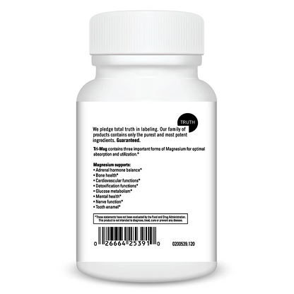The back of a white plastic supplement bottle with a ribbed white cap, showing black text and a circular black 'TRUTH' logo on a plain white background.