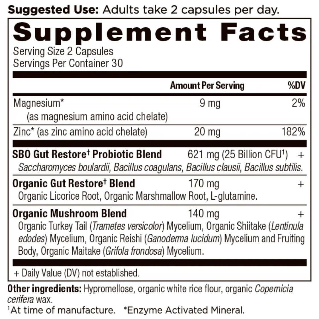 A close-up of a supplement facts label showing the Supplement Facts panel for SBO Gut Restore Probiotic Blend and Organic Gut Restore Blend, with ingredients and dosage information for Magnesium and Zinc.