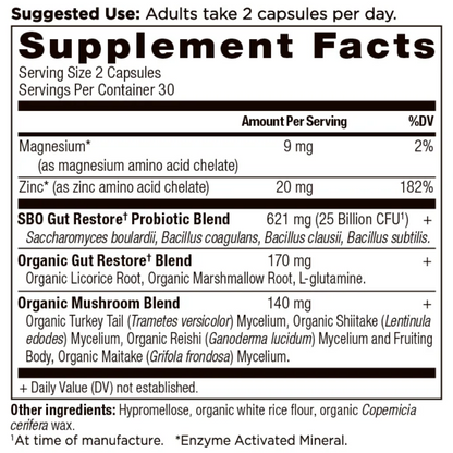 A close-up of a supplement facts label showing the Supplement Facts panel for SBO Gut Restore Probiotic Blend and Organic Gut Restore Blend, with ingredients and dosage information for Magnesium and Zinc.