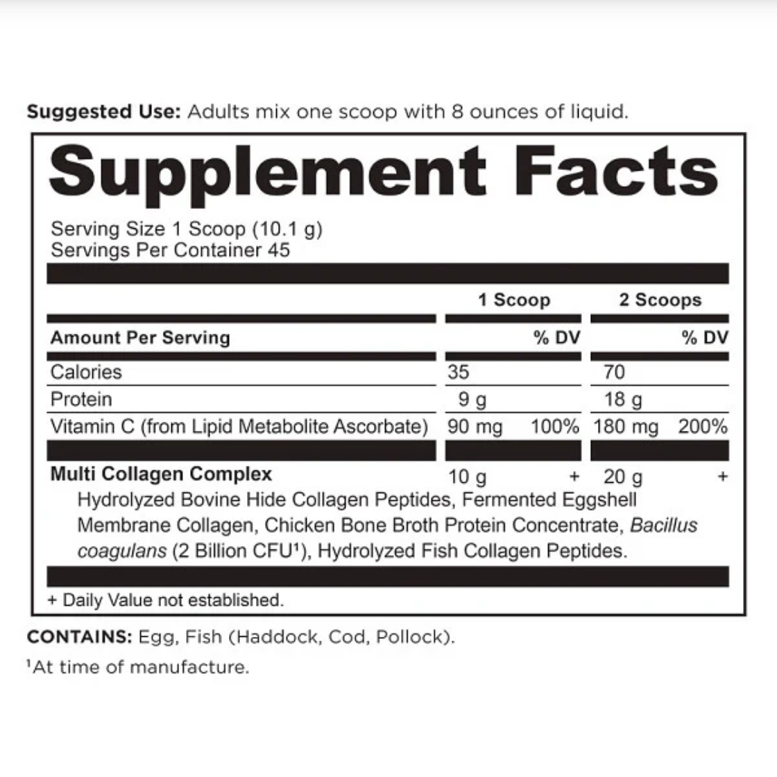 A supplement facts label for a multi collagen complex, showing serving size, calories, protein, vitamin C, and ingredient details on a white background.