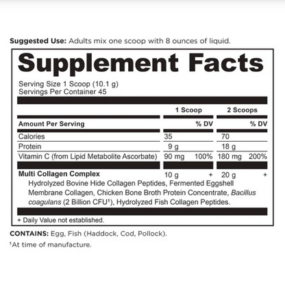 A supplement facts label for a multi collagen complex, showing serving size, calories, protein, vitamin C, and ingredient details on a white background.