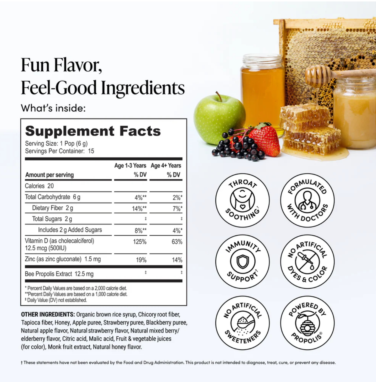 A product information card showing the supplement facts label, flavor text reading 'Fun Flavor, Feel-Good Ingredients,' ingredient imagery with honey, fruit, and a jar, plus six circular icons on a white background.