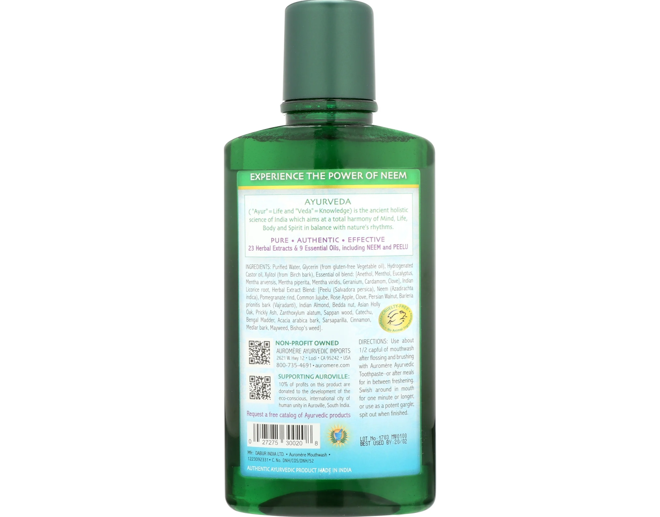 A green plastic bottle of Ayurvedic Neem oil shown from the back, featuring a white label with text and a barcode on a white background.