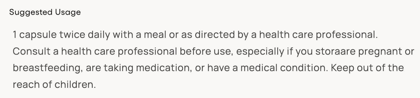 A text-based usage panel with the heading 'Suggested Usage' and instructions in English about taking one capsule twice daily with a meal or as directed by a health care professional, plus a warning to consult a health care professional before use.