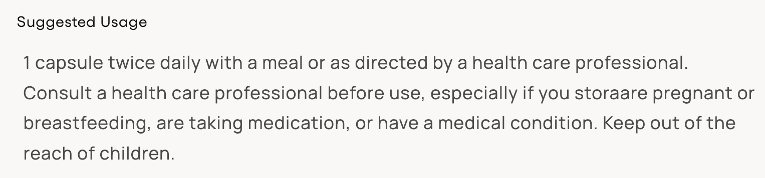 A text-based usage panel with the heading 'Suggested Usage' and instructions in English about taking one capsule twice daily with a meal or as directed by a health care professional, plus a warning to consult a health care professional before use.