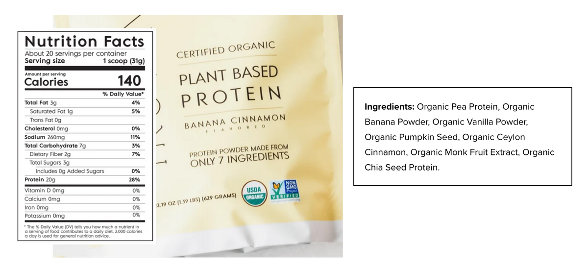 Plant Based Protein Banana Cinnamon flavor pouch shown next to its nutrition facts label and ingredients list on a white background.