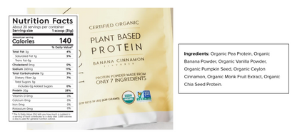 Plant Based Protein Banana Cinnamon flavor pouch shown next to its nutrition facts label and ingredients list on a white background.