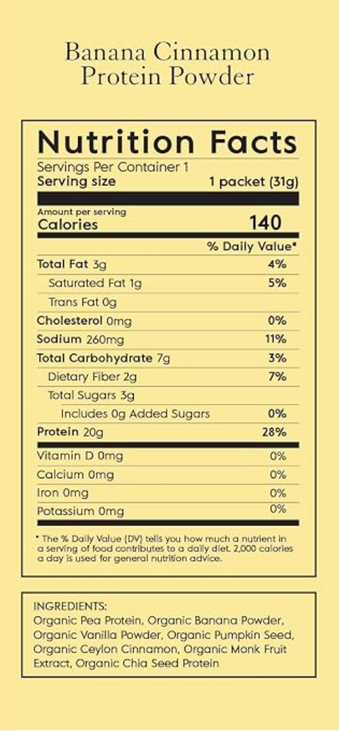 Two side-by-side nutrition label panels for protein powder products on a warm beige background. Left panel reads 'Peanut Butter Protein Powder' and right panel reads 'Banana Cinnamon Protein Powder,' each showing a Nutrition Facts label and ingredient list.