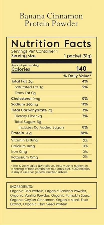 Two side-by-side nutrition label panels for protein powder products on a warm beige background. Left panel reads 'Peanut Butter Protein Powder' and right panel reads 'Banana Cinnamon Protein Powder,' each showing a Nutrition Facts label and ingredient list.