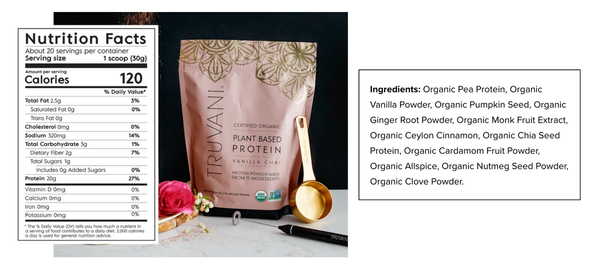 A plant-based protein powder pouch labeled Truvani Plant Based Protein in Vanilla Chai, shown next to a Nutrition Facts panel and an ingredients list on a white background.