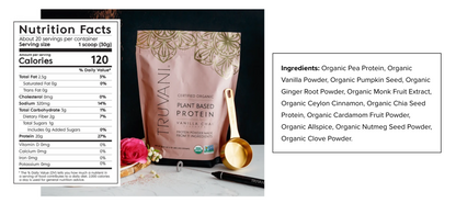 A plant-based protein powder pouch labeled Truvani Plant Based Protein in Vanilla Chai, shown next to a Nutrition Facts panel and an ingredients list on a white background.