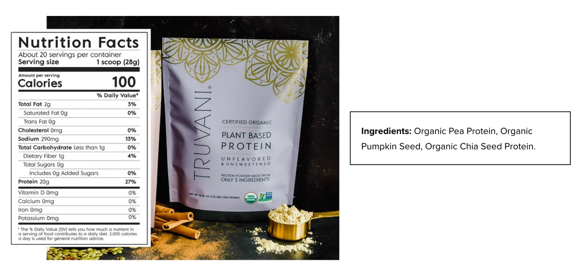 A package of Truvani Plant Based Protein powder shown with a Nutrition Facts label, ingredients text box, and scattered protein powder and flax seeds on a dark background.
