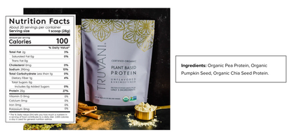 A package of Truvani Plant Based Protein powder shown with a Nutrition Facts label, ingredients text box, and scattered protein powder and flax seeds on a dark background.