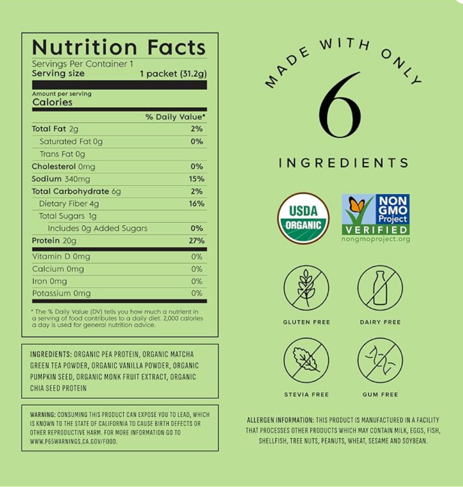 A green product information panel for Matcha, showing a Nutrition Facts label, the text 'MADE WITH ONLY 6 INGREDIENTS,' USDA Organic and Non-GMO Verified logos, and icons indicating gluten free, dairy free, stevia free, and gum free.