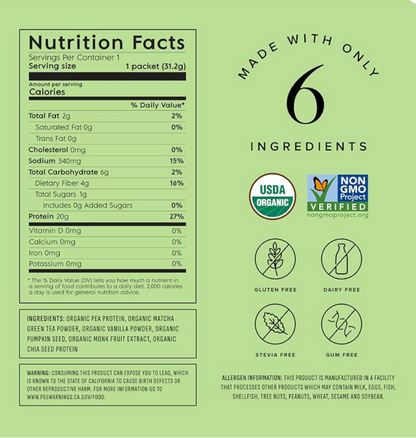 A green product information panel for Matcha, showing a Nutrition Facts label, the text 'MADE WITH ONLY 6 INGREDIENTS,' USDA Organic and Non-GMO Verified logos, and icons indicating gluten free, dairy free, stevia free, and gum free.