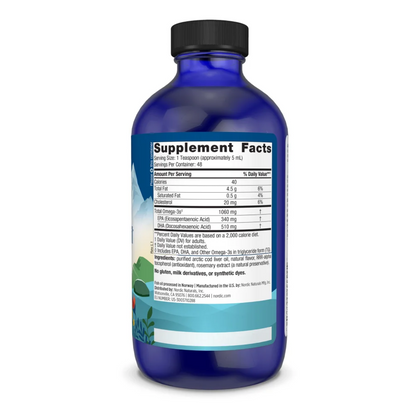 A blue plastic bottle of dietary supplements with a black cap, shown from the back to display the Supplement Facts label. The label features a white background with black text and a green botanical illustration at the bottom.