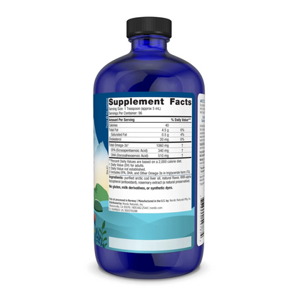 A blue plastic bottle with a black cap showing the Supplement Facts label, photographed on a clean white background.