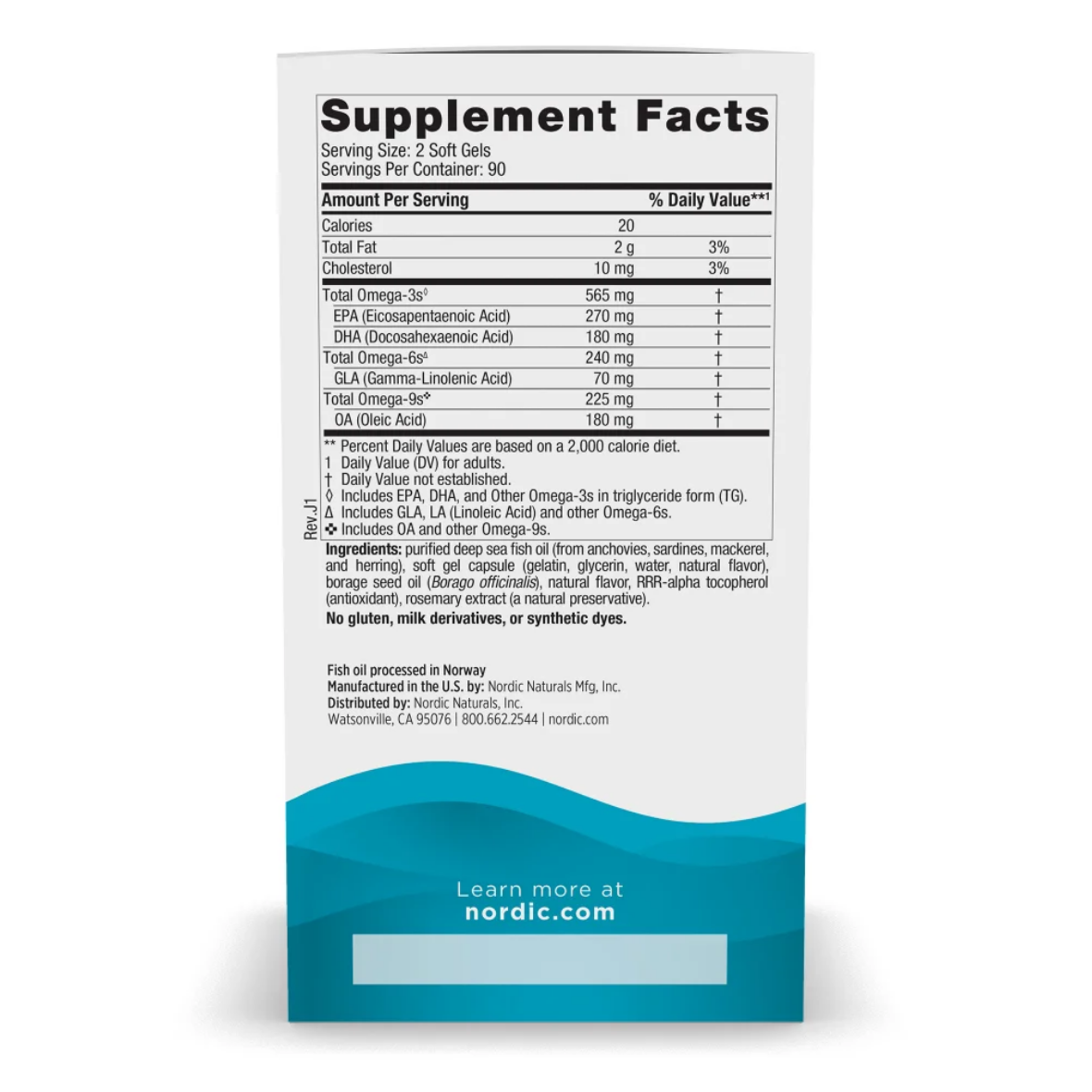 The back of a white supplement facts label for Nordic Naturals Omega-3 softgels, featuring a detailed nutritional table and a teal blue wave at the bottom with the text 'Learn more at nordic.com'.