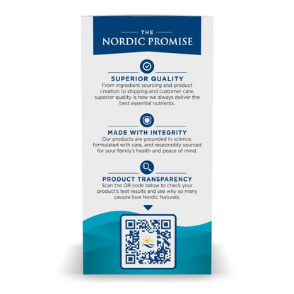 A tall vertical white and blue printed card or packaging panel with the text 'THE NORDIC PROMISE' at the top and three marketing benefit statements below, plus a QR code near the bottom. No person, animal, or real environment is present, so this is Product/Packaging rather than Lifestyle.