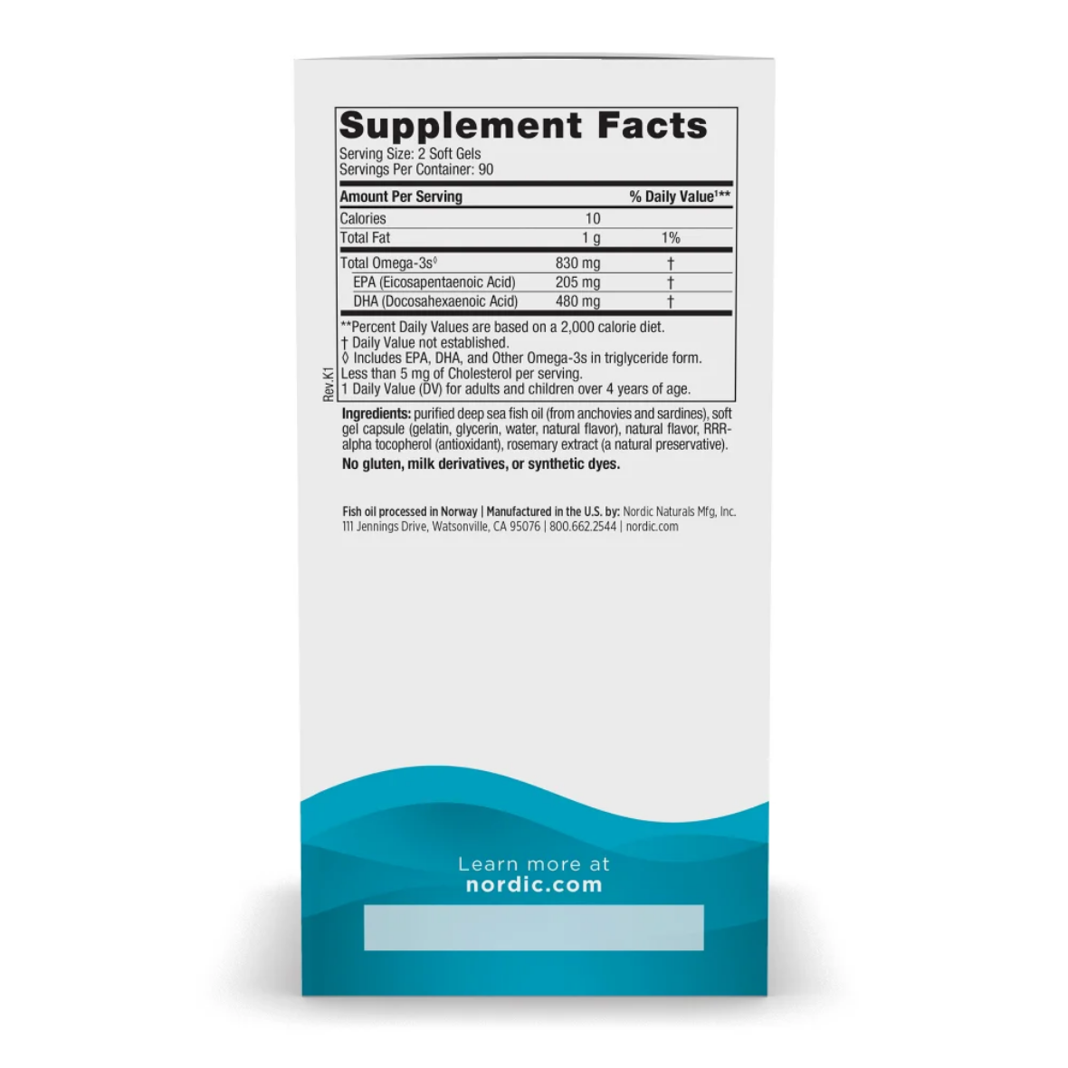 Supplement facts label on a white background with blue wave design