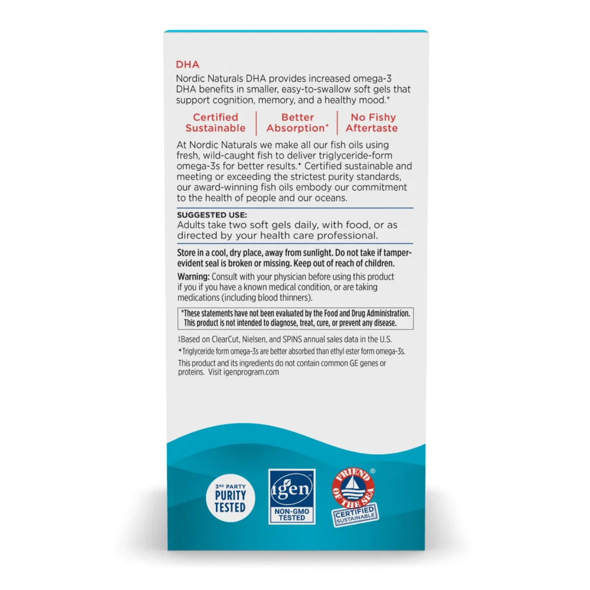 Nordic Naturals DHA supplement packaging with text and certification logos on a white background