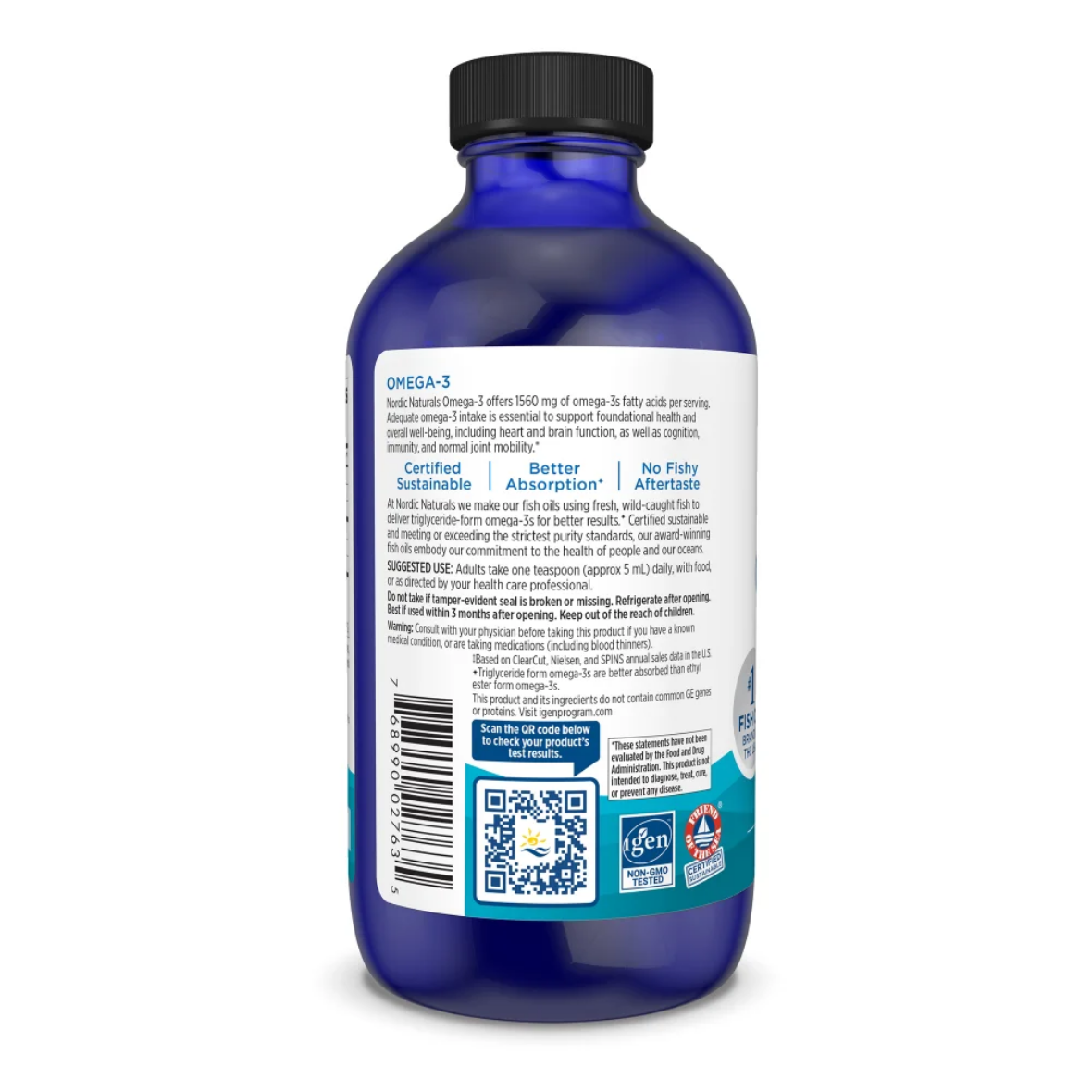 Blue bottle with label on a white background