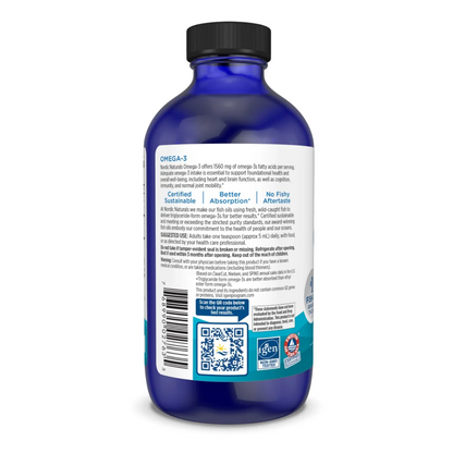 Blue bottle with label on a white background