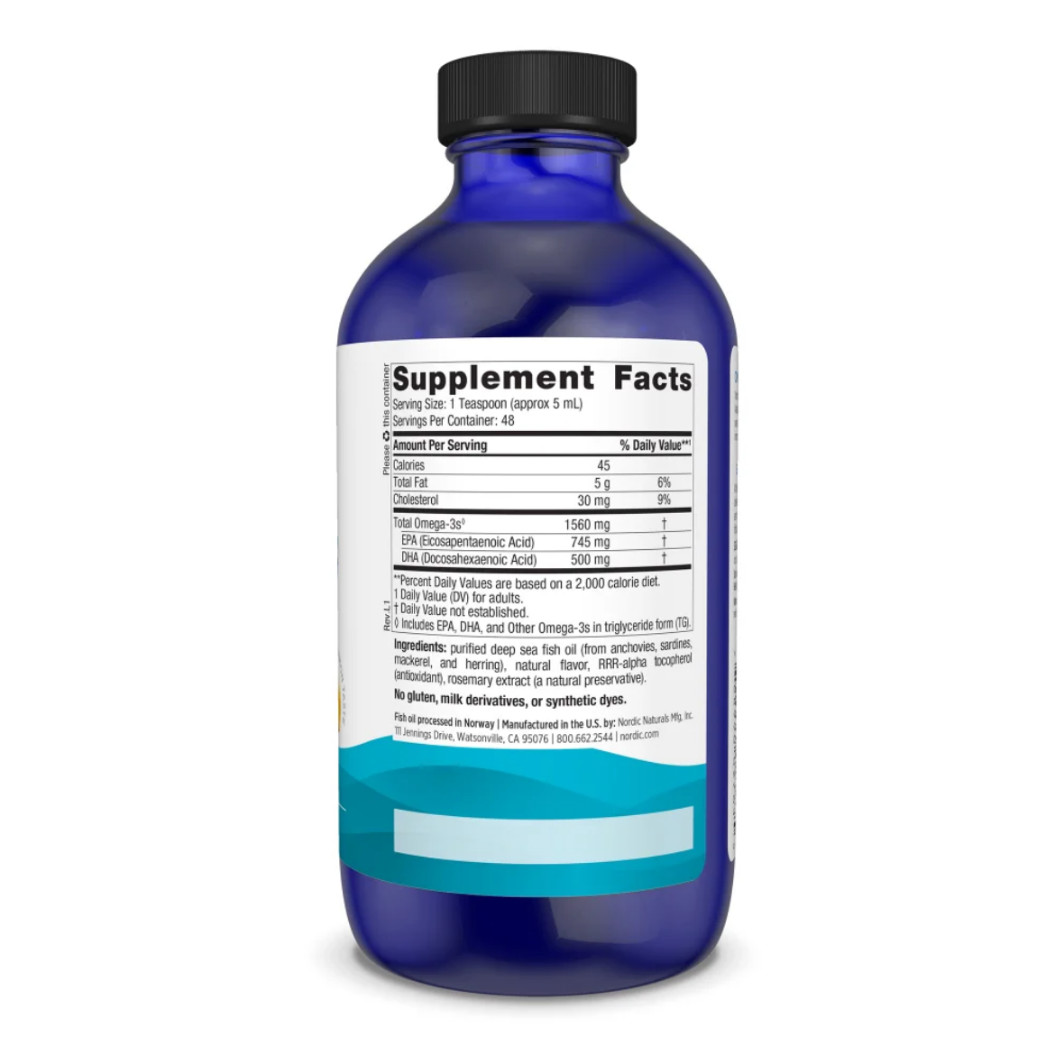 A blue plastic bottle with a black cap showing the Supplement Facts label, photographed on a clean white background.