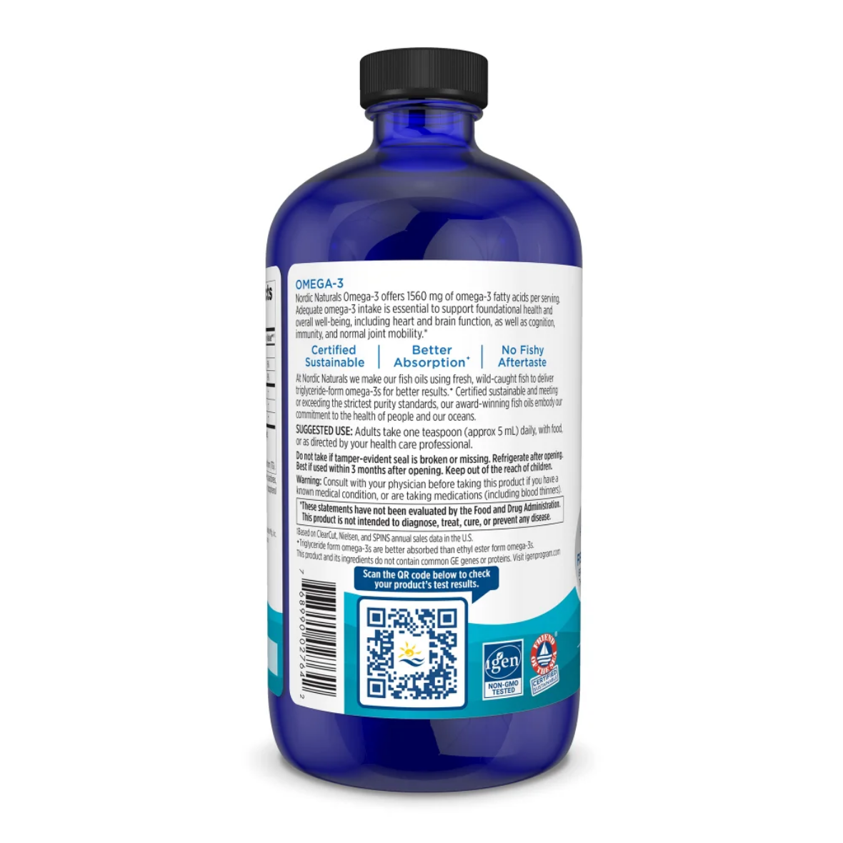 Omega-3 fish oil supplement bottle shown from the back, featuring a blue body, black cap, and a white label with blue and teal text and graphics.