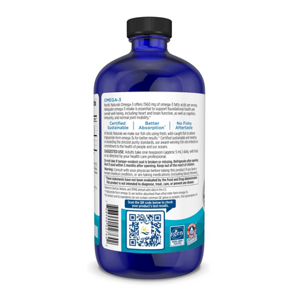 Omega-3 fish oil supplement bottle shown from the back, featuring a blue body, black cap, and a white label with blue and teal text and graphics.