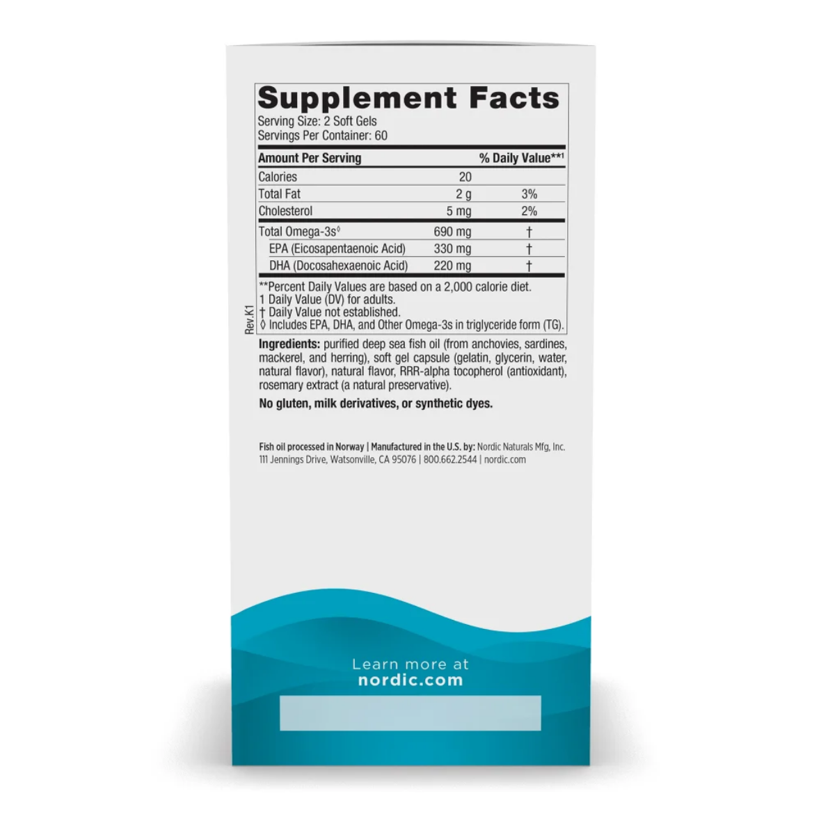 Supplement facts label on a white background with blue wave design