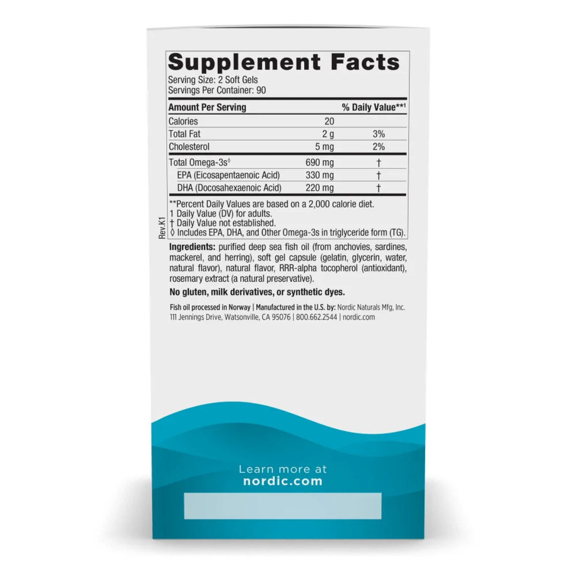 The back of a white supplement box showing the Supplement Facts label and a teal blue section at the bottom with the text 'Learn more at nordic.com'.