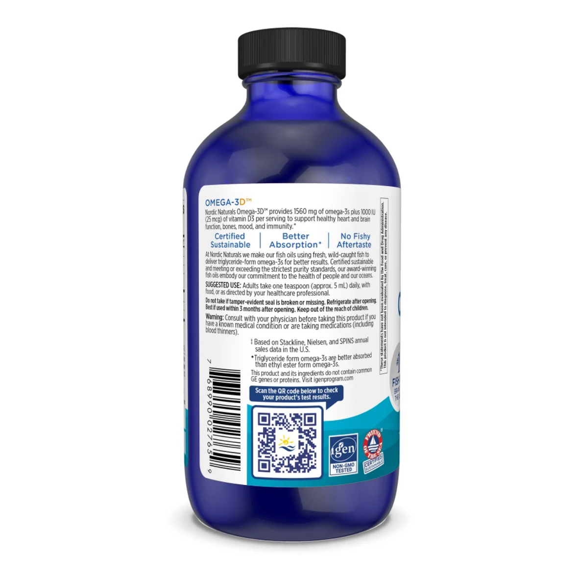 Blue bottle with label on a white background