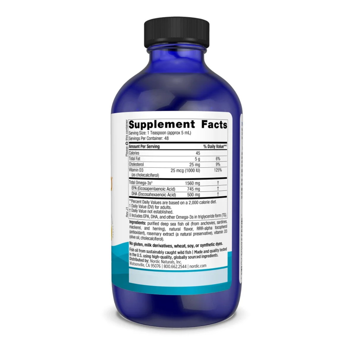 A blue plastic bottle of a dietary supplement with a black cap, showing the Supplement Facts label on a white background.