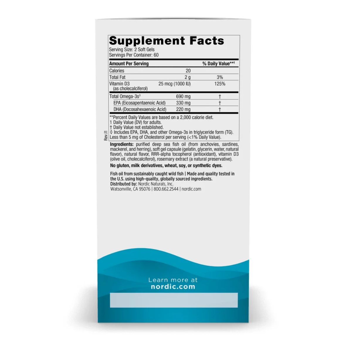 A white supplement facts label panel on a white box, with a blue lower section and the text 'Learn more at nordic.com'.