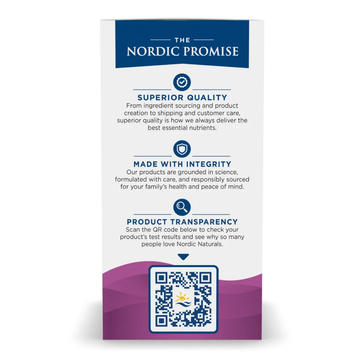 Nordic Promise product packaging with text about quality, integrity, and product transparency.