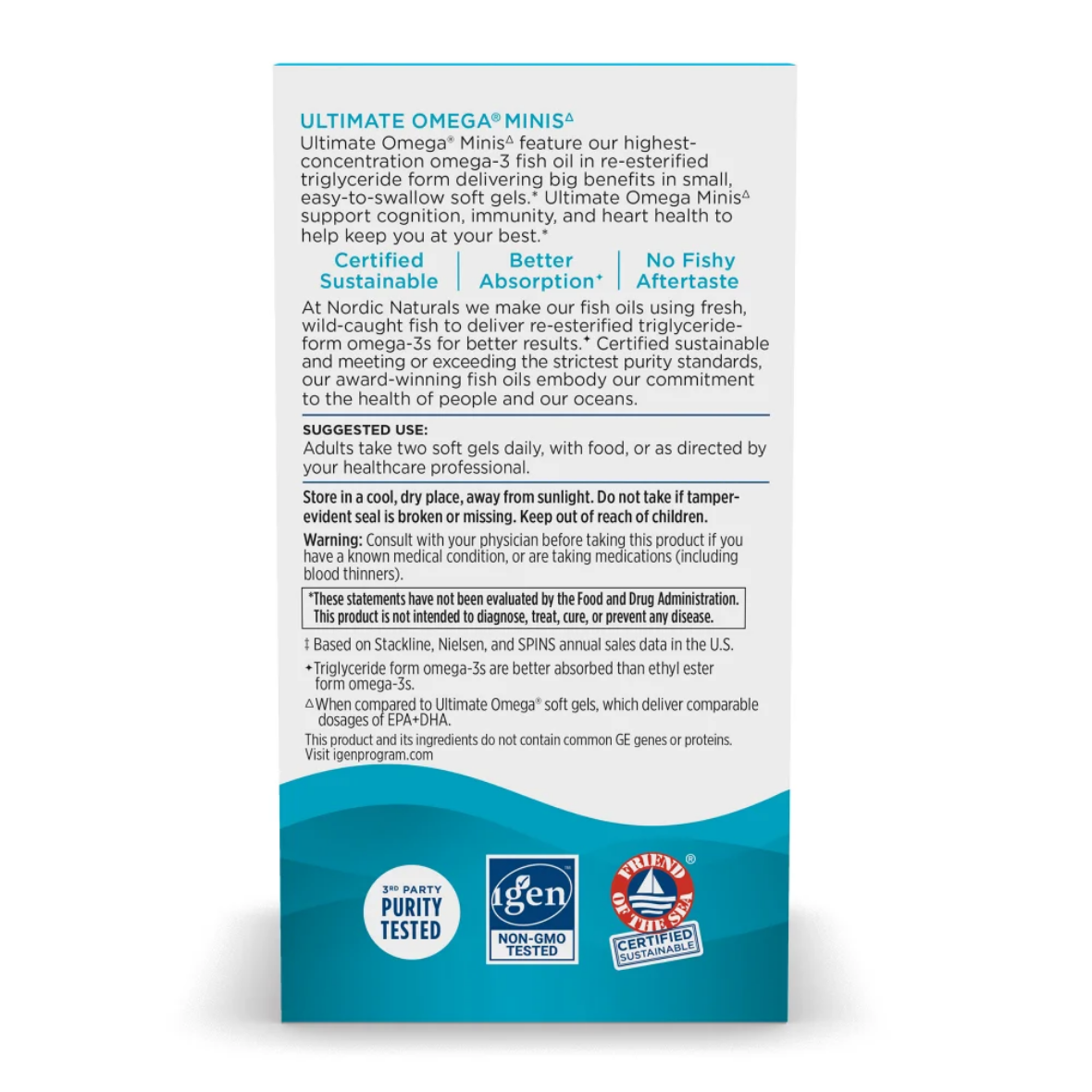 Nutritional supplement package with text and certification logos on a white background