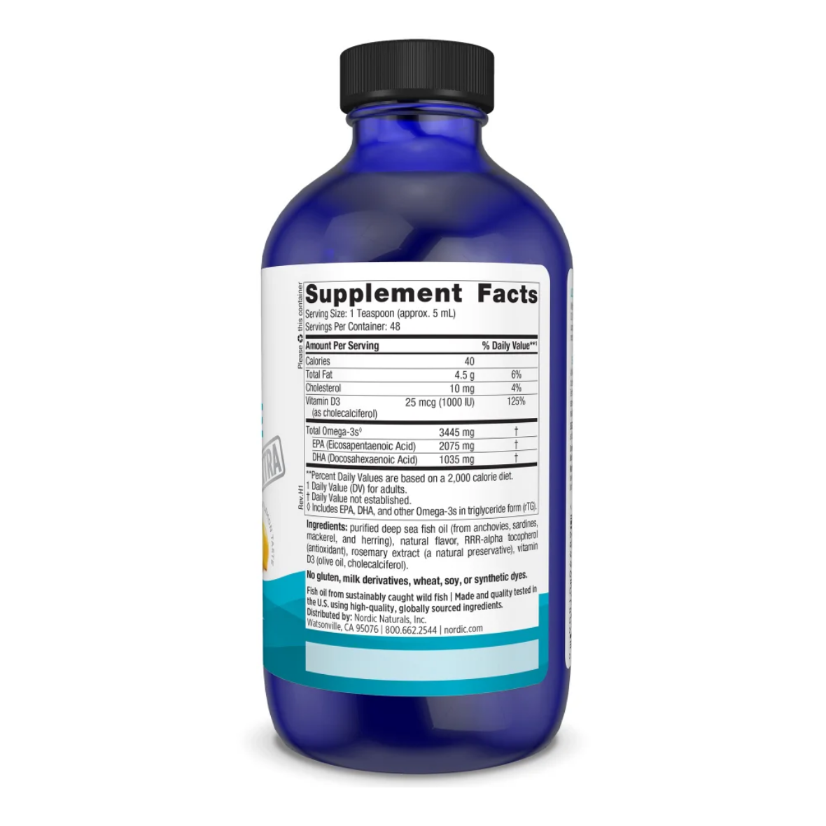 A blue plastic bottle of Omega 3 supplement with a black cap and a white label showing the Supplement Facts panel, isolated on a white background.