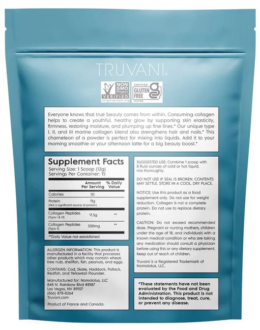 Stand-up pouche of Truvani Marine Collagen Powder Wild Caught Unflavored, with the back packaging visible containing Supplement Facts.