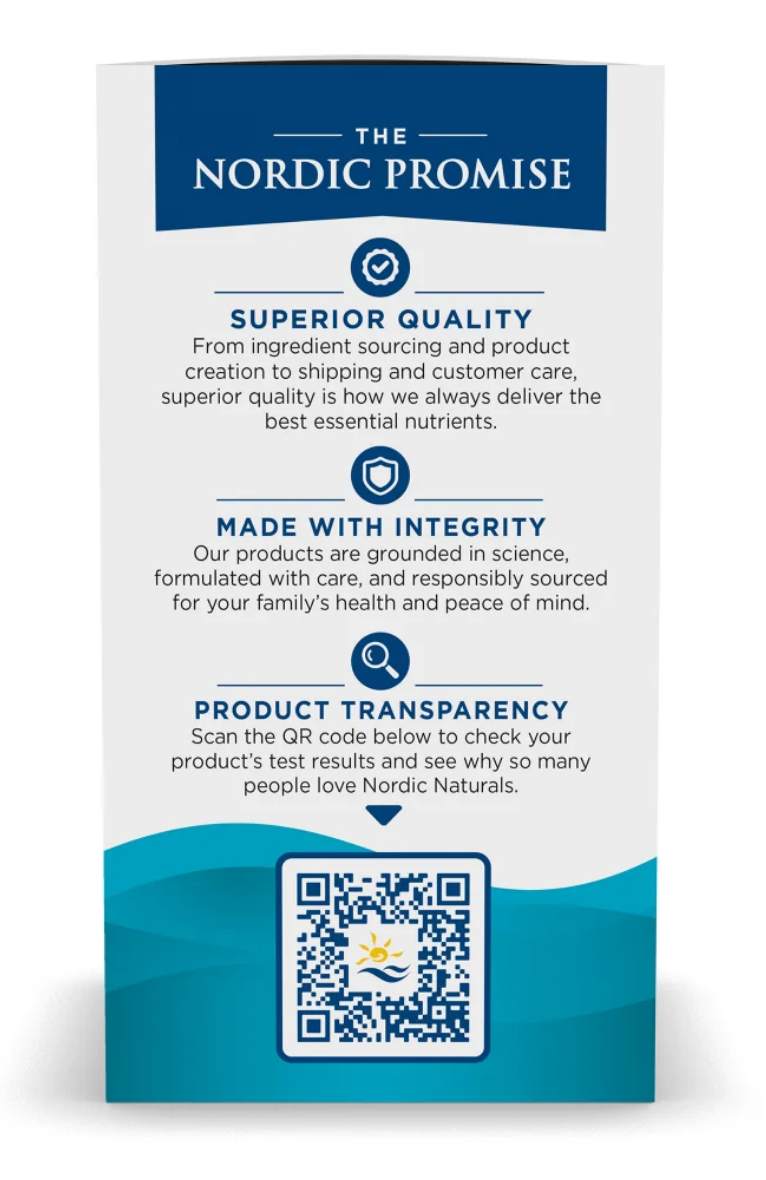 A tall vertical product card or packaging panel for The Nordic Promise, shown on a white background with a soft shadow. The card is primarily white with dark blue header and lower wave graphic, plus teal icons and a QR code near the bottom.