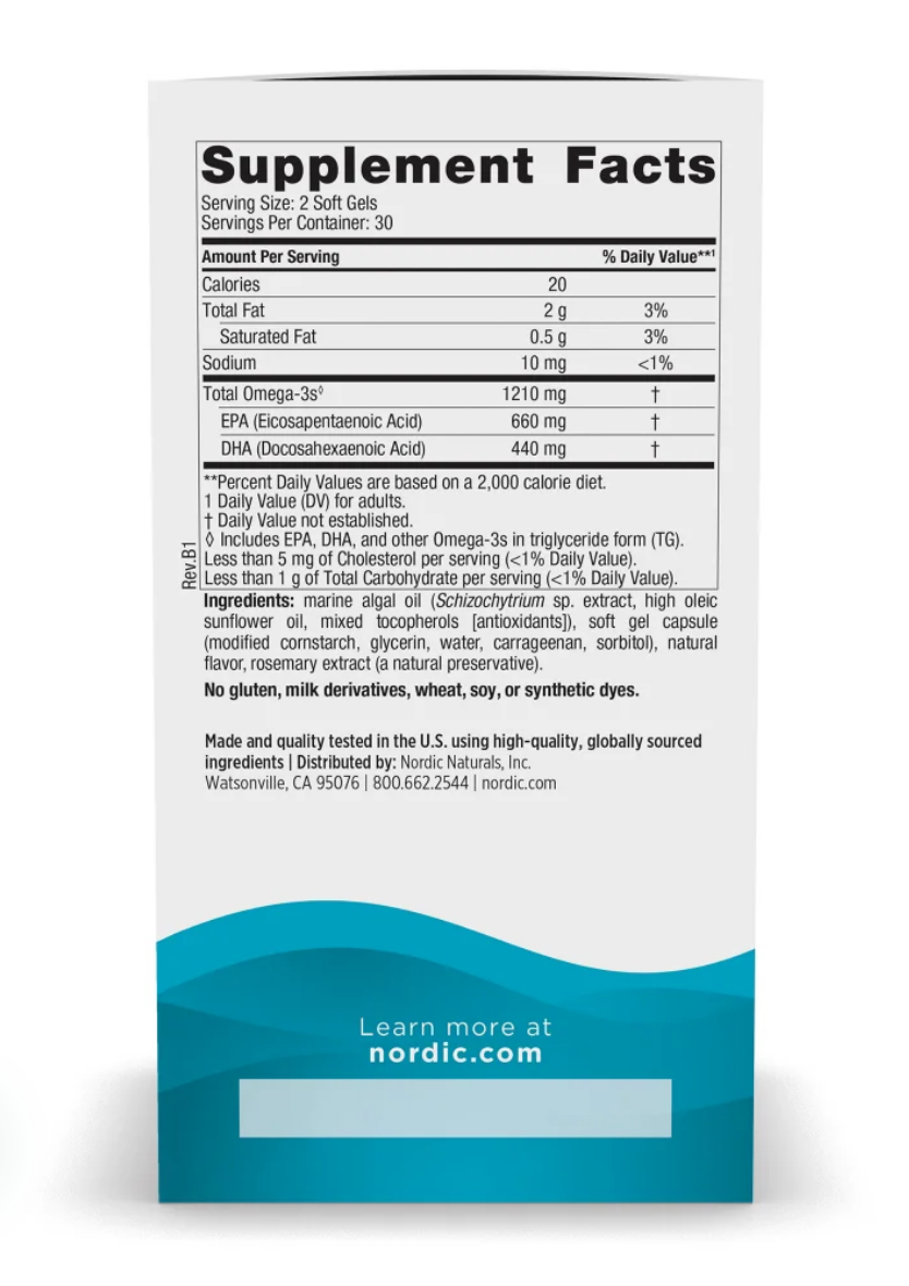 The back of a white supplement canister showing the Supplement Facts label, with a blue 'Learn more at nordic.com' banner at the bottom.