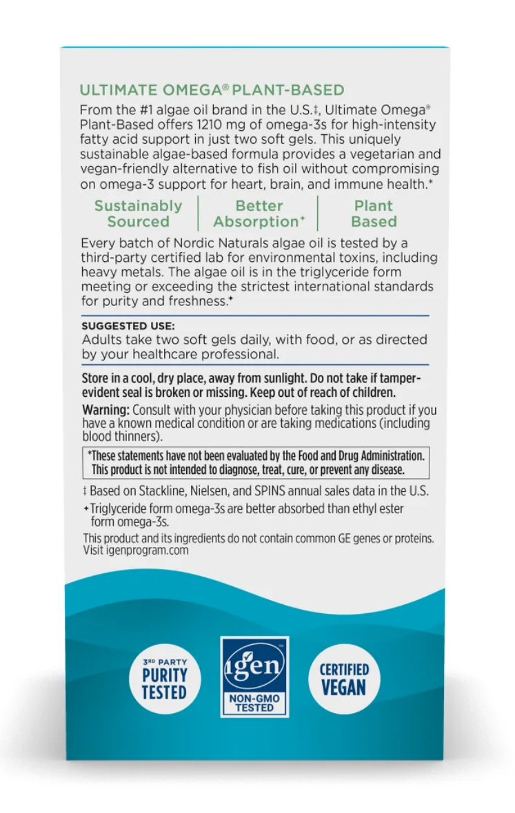 A white and blue informational card for Ultimate Omega Plant-Based gels, showing product details, usage instructions, and certification logos including Igen Non-GMO and Certified Vegan.