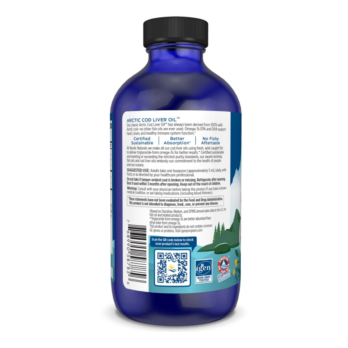 Blue bottle of Arctic Cod Liver Oil with label on a white background
