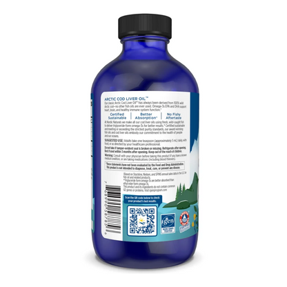 Blue bottle of Arctic Cod Liver Oil with label on a white background