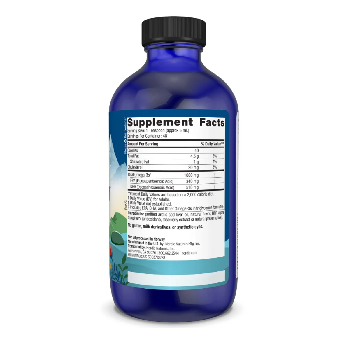 Blue supplement bottle with label on a white background