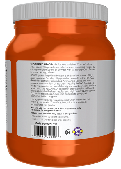 An orange plastic bottle of NOW Foods Sports Egg White Protein powder with a white ribbed cap, showing the back label with usage instructions and a barcode.