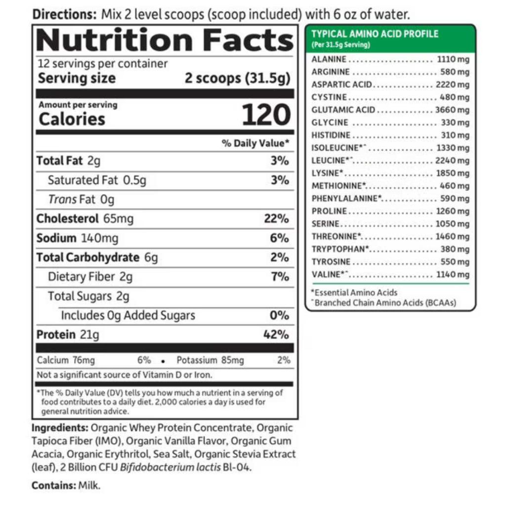 Nutrition facts label and amino acid profile for a protein supplement.