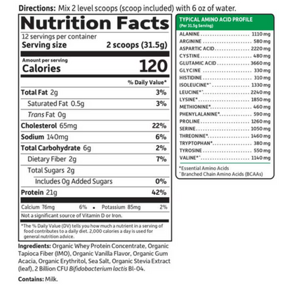 Nutrition facts label and amino acid profile for a protein supplement.