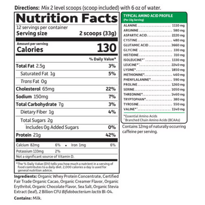 A Nutrition Facts label for a protein powder serving size of 2 scoops (33g) with directions, ingredients, and a green highlighted typical amino acid profile table on a white background.