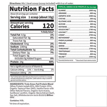 A Nutrition Facts label for a protein powder serving size 1 scoop, showing typical amino acid profile and ingredients on a white background.